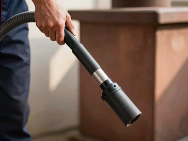 Close-up of a chimney sweep's hand holding a specialized dust-containment vacuum hose, clean uniform sleeve visible, in natural indoor light with soft shadows, 35mm