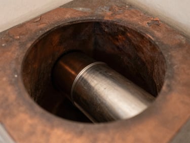 Close-up inside a chimney flue showing a newly installed, smooth stainless steel liner, focused light from above, 35mm