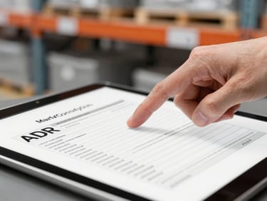 Close-up of a hand pointing to a section of a technical ADR regulation document on a tablet, with a blurred background of industrial shelving. Sharp industrial photography, cold daylight, desaturated tones, clean composition, 35mm.