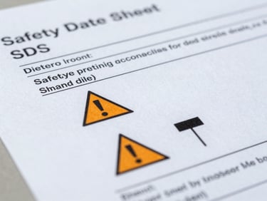 Macro close-up of a printed Safety Data Sheet (SDS) document, showing hazard pictograms and section headings, on a clean white surface. Sharp industrial photography, cold daylight, desaturated tones, clean composition, 35mm.