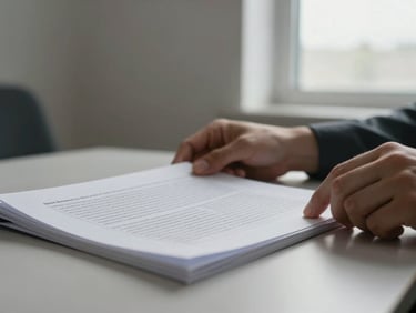 Close-up of hands turning the page of a printed business plan on a plain desk, natural overcast window light from the right, minimal background, sharp focus on paper texture