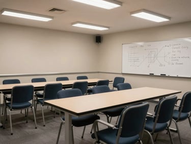 Environmental wide shot of a small seminar room, empty chairs arranged around a rectangular table, whiteboard with handwritten diagrams visible, ambient overhead fluorescent light, no people present