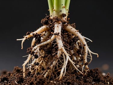 Extreme macro shot of a healthy crop root system with dark, rich soil granules clinging to the root hairs, clinical studio lighting, high contrast.