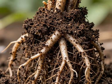 Extreme macro shot of a healthy root system with rich, dark soil clinging to the root hairs, bright natural midday sun, highly detailed texture