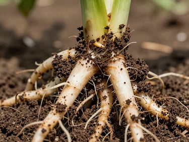 Extreme macro high-resolution close-up of a healthy, thick corn root system with rich dark soil clinging to the root hairs, bright midday natural sun.