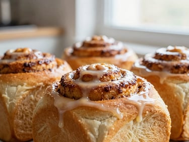 Close-up of pull-apart milk bread cinnamon rolls, golden brown edges, rich glaze dripping down the sides, warm kitchen background.
