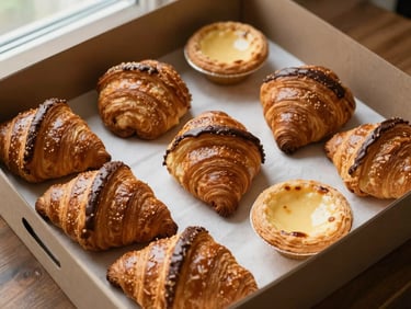 Overhead shot of a rustic bakery box filled with assorted pastries, chocolate croissants, and tarts on parchment paper.