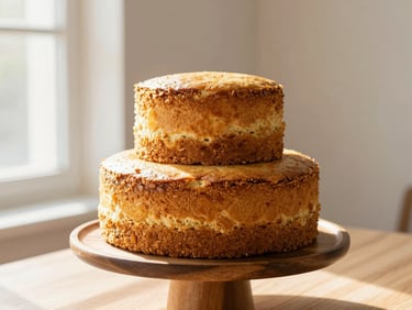 A beautifully decorated double-layer celebration cake on a wooden stand, soft morning light, minimalist background.