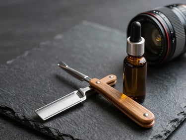 Close arrangement of beard oil bottle and straight razor on dark slate surface, raking natural light from the side, precise editorial framing