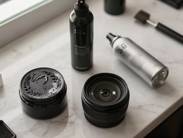 Overhead shot of hair styling pomade and texture spray on a clean marble surface, soft daylight, minimal arrangement, salon counter context