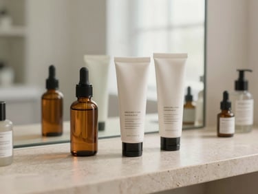 Skincare serum and face cream tubes on a clean light stone shelf in a salon setting, soft diffused window light, minimal composition