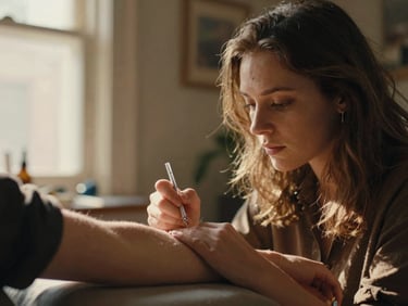 Candid shot of artist Elara Vance, with a warm, focused expression, working on a client's arm, needle-to-skin precision, sunlit studio interior, rich earthy tones, shallow depth of field, 35mm film.