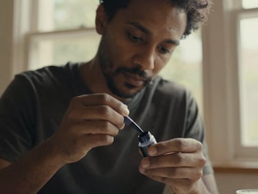 Candid shot of artist Kairos Stone, with a thoughtful expression, mixing ink in small caps, close-up of hands and ink, soft window daylight, rich earthy tones, shallow depth of field, 35mm film.