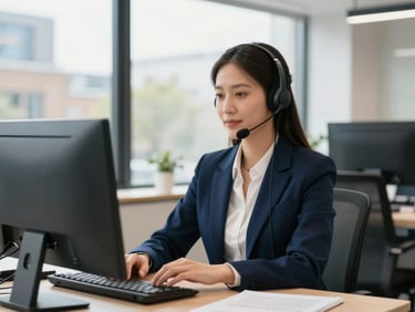 Bright modern office in London, a professional mortgage advisor with a headset speaking calmly, natural daylight, deep navy and emerald tones, professional B2B setting, 50mm lens