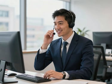 A professional UK broker in a bright London office speaking on a headset, smiling naturally, deep navy tones, 50mm lens