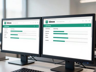 Close-up of a modern UK broker desk with dual monitors displaying clean lead routing analytics, bright daylight, 50mm lens