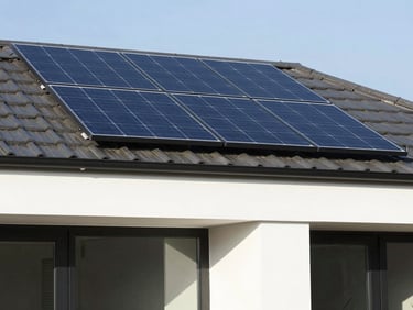 Bright, clean modern UK home exterior with sleek solar panels installed on the roof, soft natural daylight, professional architectural photography