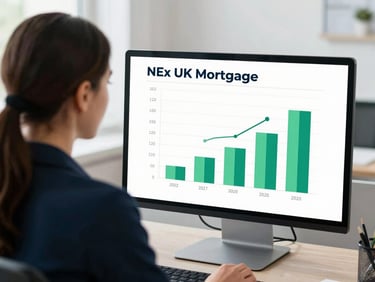 Over-the-shoulder shot of a modern UK mortgage advisor reviewing clean financial graphs on a screen, bright natural daylight