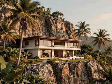 Teak-framed architectural rendering of a villa integrated into a steep granite cliffside, lush palm trees, soft midday tropical sun.