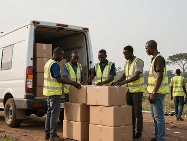 Environmental shot of a professional humanitarian team coordinating logistics next to a transport vehicle in Central Africa, soft morning light