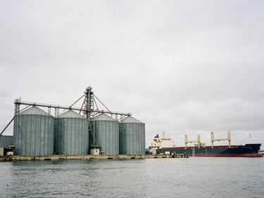 Wide angle shot of the grain silos and cargo ships at the Quequén port during overcast daylight, industrial maritime atmosphere