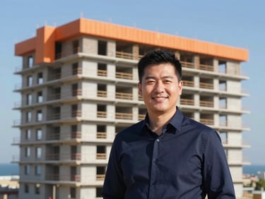Professional portrait of a male project manager in a collared shirt, smiling confidently in front of a completed coastal building, bright daylight, high contrast.