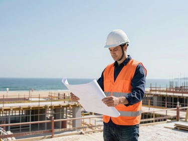 Professional portrait of a male engineer in a hardhat and safety vest, reviewing blueprints on a construction site, bright daylight, high contrast.