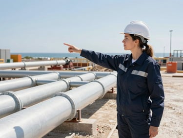 Professional portrait of a female civil engineer on a municipal water project site, pointing to a pipe installation, bright daylight, high contrast.