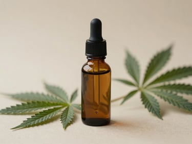 Macro shot of a functional cannabis tincture bottle with a dropper, surrounded by botanical elements like a single cannabis leaf, soft indirect daylight, warm editorial photography.