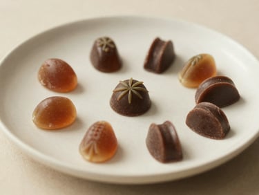 Artfully arranged low-dose cannabis edibles (gummies or chocolates) on a minimalist cream plate, soft indirect daylight, warm editorial photography, shallow depth of field.