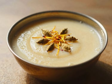 Saffron payasam pudding in a polished brass bowl, garnished with whole cardamom pods and golden saffron strands, warm editorial lighting, 35mm film