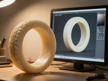 Macro side-lit shot of a physical wax ring carving resting next to its high-resolution digital CAD counterpart on a workshop monitor, warm glowing background.