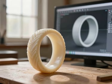 A physical wax ring carving resting next to a high-precision 3D CAD design on a screen, warm side-light from a workshop window, close-up macro shot.