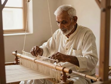 Environmental portrait of an elderly master weaver in Rajasthan, working at a traditional wooden pit loom, soft golden light highlighting the focused expression and the delicate threads on the loom.