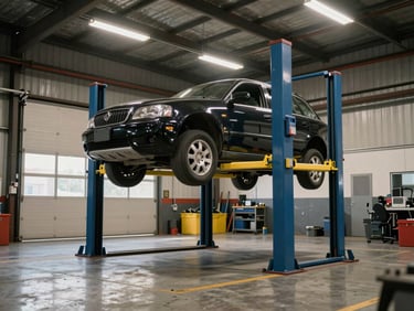 Wide-angle shot of a heavy-duty two-post vehicle lift with a car fully raised inside a working garage bay, tungsten shop lights from above, concrete floor visible below, no people, industrial documentary