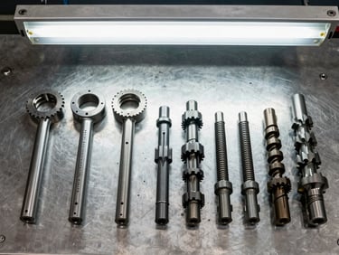 Close-up overhead flatlay of engine timing lock tools and camshaft alignment pins arranged on a clean steel workshop bench under bright fluorescent light, industrial documentary style