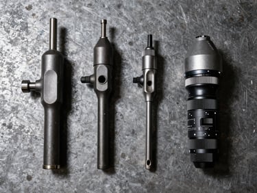 Overhead product flatlay of pneumatic impact wrenches and air ratchets on a textured metal workshop surface, hard side lighting from left, sharp shadows, industrial documentary framing