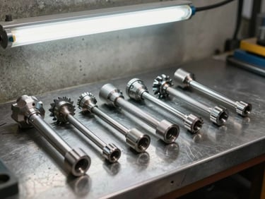 Close-up of engine timing tool set laid out on a clean metal workshop bench, precision steel components arranged systematically, bright fluorescent overhead light, concrete background