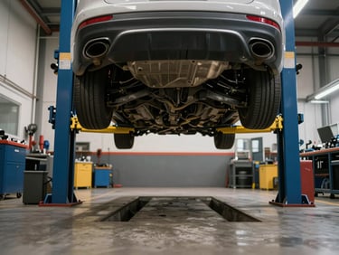 Two-post vehicle lift fully extended with a car raised to working height inside a professional workshop bay, tungsten shop lights illuminating the undercarriage, wide angle from floor level