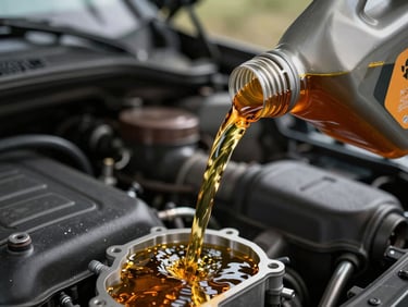Motor oil being poured from a professional-grade container into an engine, amber oil catching fluorescent light mid-pour, close crop against a dark engine bay background