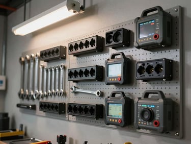 Organized workshop tool wall with professional sockets, wrenches and diagnostic equipment mounted on pegboard, overhead fluorescent light, clean industrial backdrop
