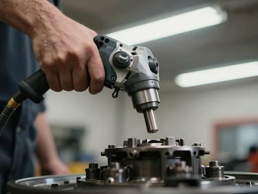 Pneumatic impact wrench gripped by a mechanic's hand above a wheel hub, air hose visible in background, bright workshop fluorescent lighting, close action shot