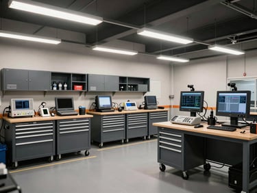 Wide shot of a well-equipped automotive workshop interior showing tool cabinets, diagnostic equipment and workbenches under bright fluorescent lights, no people, industrial documentary style