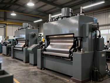 Industrial press and heavy workshop machinery in a working garage, steel-gray equipment under tungsten shop lights, wide environmental shot showing scale and professional setting