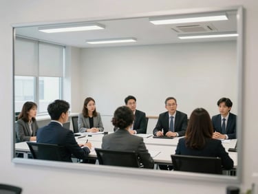 A bright, clean focus group observation room viewed through a double-sided mirror, high-end recording equipment, neutral office lighting, 35mm.