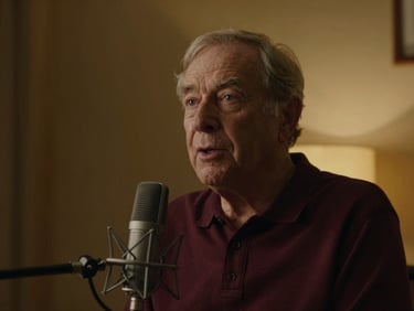 Medium shot of an elder storyteller speaking with a professional microphone in the foreground, warm interior lighting