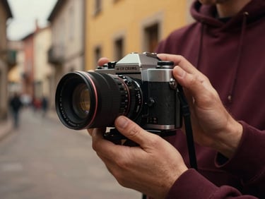 Close-up of hands holding a vintage cinema camera on a historic neighborhood street, soft natural light