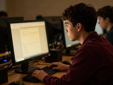 A student editor sitting in a dark editing room focused on a monitor screen reflecting warm tones, close-up candid shot