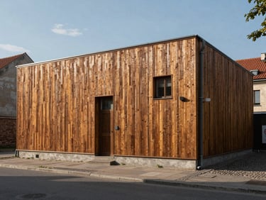 Prabangus minimalistinis buto interjeras Vilniaus senamiestyje, natūralios medžiagos, marmuro ir medžio apdaila, šilta popietės šviesa.