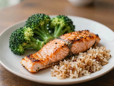 Editorial photograph of a balanced plate with grilled salmon, steamed broccoli, and brown rice, soft natural daylight, shallow depth of field.